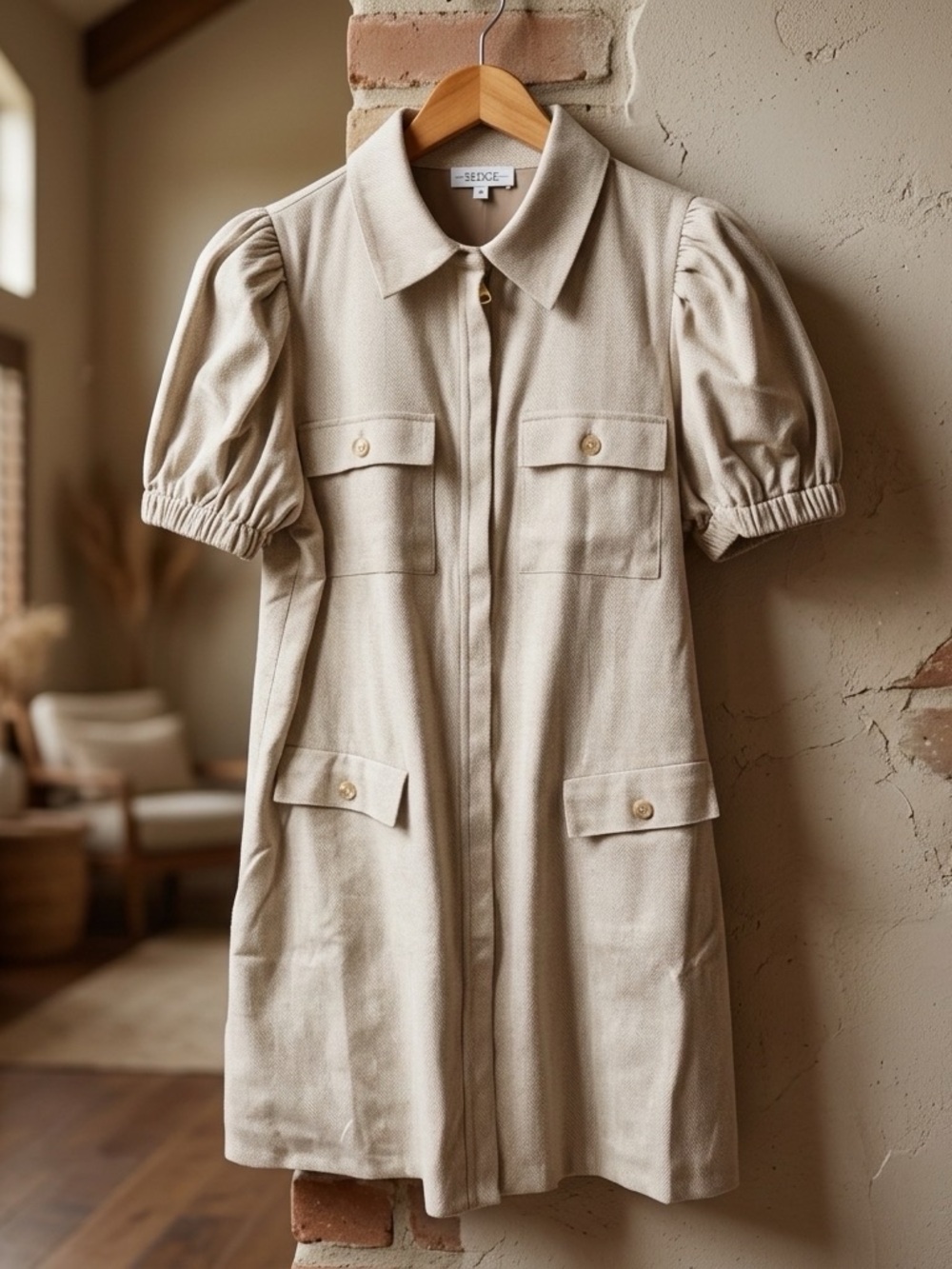 SEDGE Cream Short-Sleeve Midi Shirt Dress. Fully Lined. Superb quality.